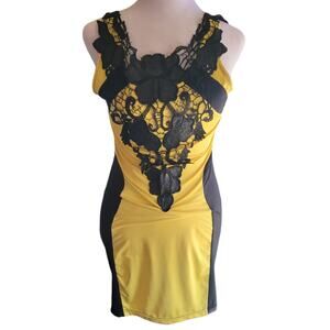 Heramay Korean Yellow Black Lace Applique Bodycon Mini Dress Small Clubwear Sexy